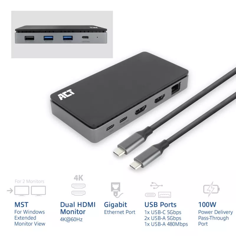 ACT Dock USB-C 4K MST para 2 monitores HDMI, Ethernet, USB-C, 3x USB-A, PD-Passthrough e cabo de ligação removível de 1 metro