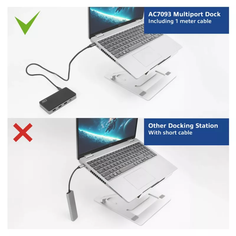 ACT Dock USB-C 4K MST para 2 monitores HDMI, Ethernet, USB-C, 3x USB-A, PD-Passthrough e cabo de ligação removível de 1 metro