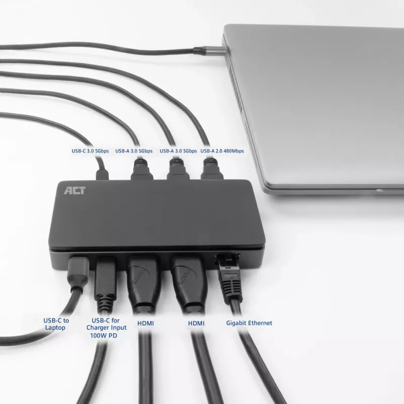 ACT Dock USB-C 4K MST para 2 monitores HDMI, Ethernet, USB-C, 3x USB-A, PD-Passthrough e cabo de ligação removível de 1 metro