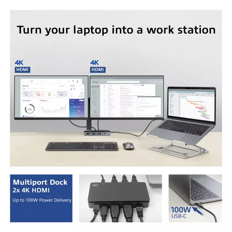 ACT Dock USB-C 4K MST para 2 monitores HDMI, Ethernet, USB-C, 3x USB-A, PD-Passthrough e cabo de ligação removível de 1 metro