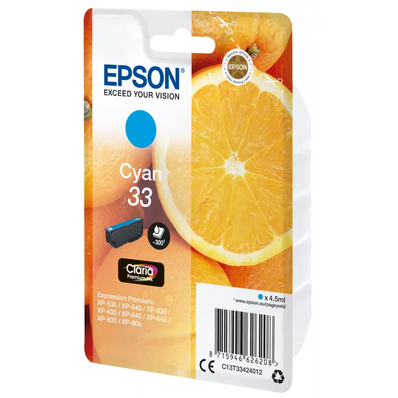 Epson pacote individual laranja ciano 33 Claria Premium tinta, ciano, 4,5 ml, 1 unid., 300 páginas