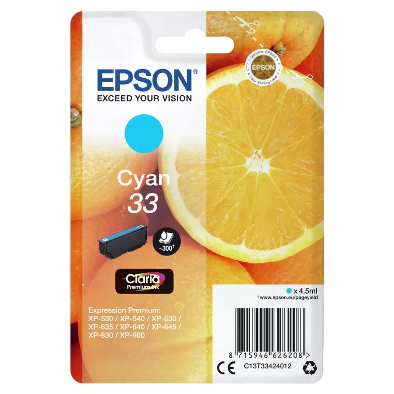Epson pacote individual laranja ciano 33 Claria Premium tinta, ciano, 4,5 ml, 1 unid., 300 páginas