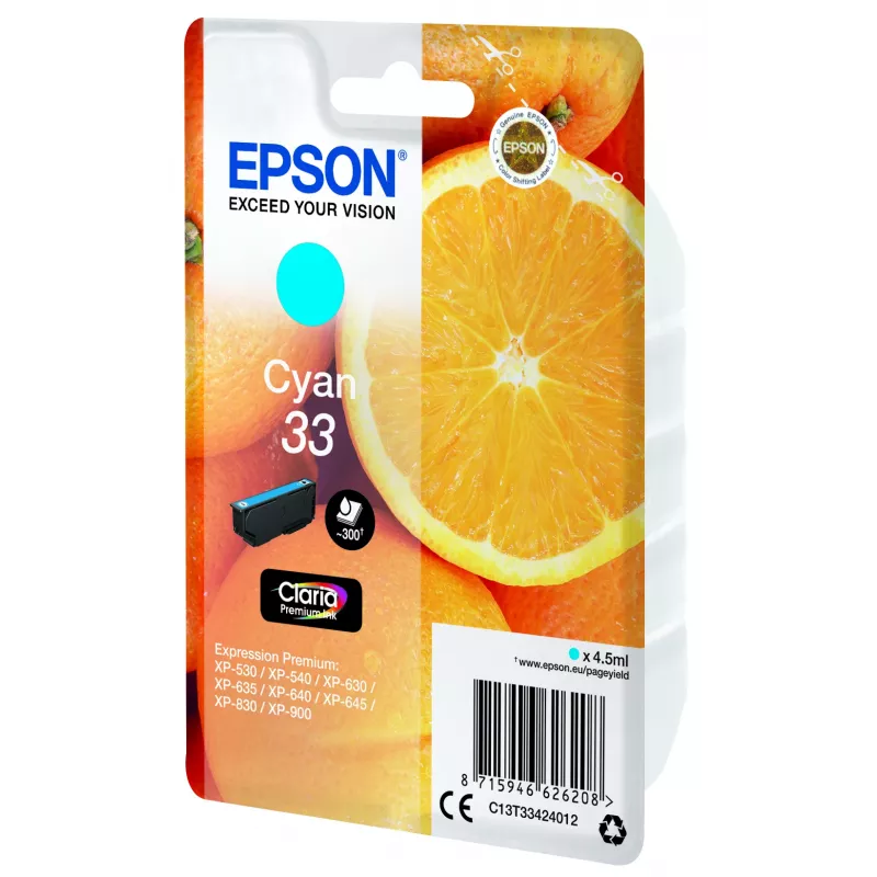 Epson pacote individual laranja ciano 33 Claria Premium tinta, ciano, 4,5 ml, 1 unid., 300 páginas