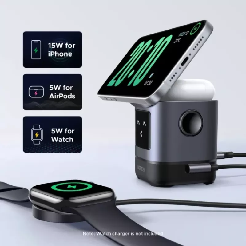 Carregador UGREEN 45775 — carregador rápido CA sem fios para interiores, universal, 1× USB-C, preto/cinzento