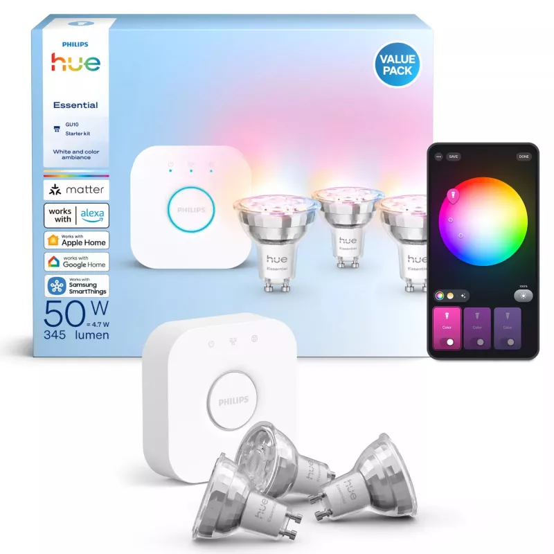 Philips Hue White and Colour Ambience Essential Starter-Kit: 3 lâmpadas inteligentes GU10 (345 lm)