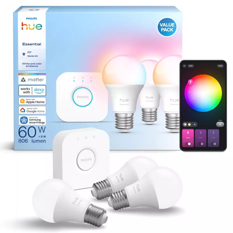 Kit de iluminação inteligente Philips Hue White and Colour Ambience Essential – 3 lâmpadas inteligentes E27, 806 lm, 8 W, Bluetooth/Zigbee