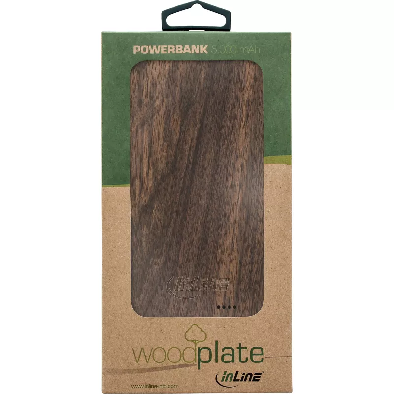 InLine woodplate, PowerBank USB 5.000mAh, com LED, madeira de nogueira
