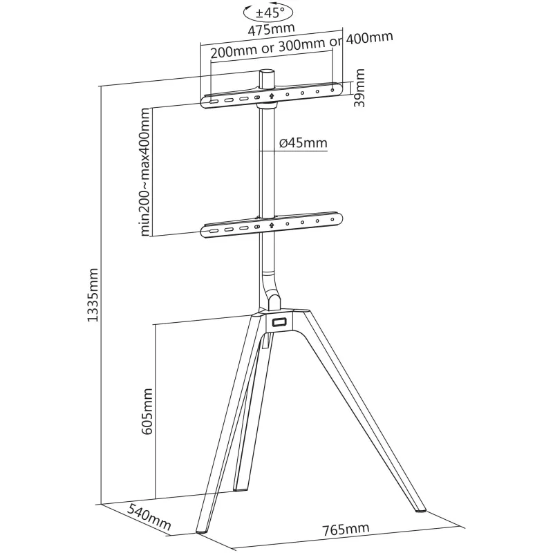 Suporte de TV InLine woodstand, tripé, para ecrãs 45 polegadas–65 polegadas (114–165 cm), máx. 40 kg