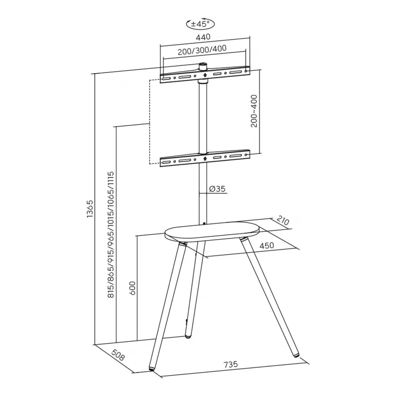 Suporte de TV de chão InLine 23133W para ecrãs de 43–65 polegadas com prateleira, suporte autónomo