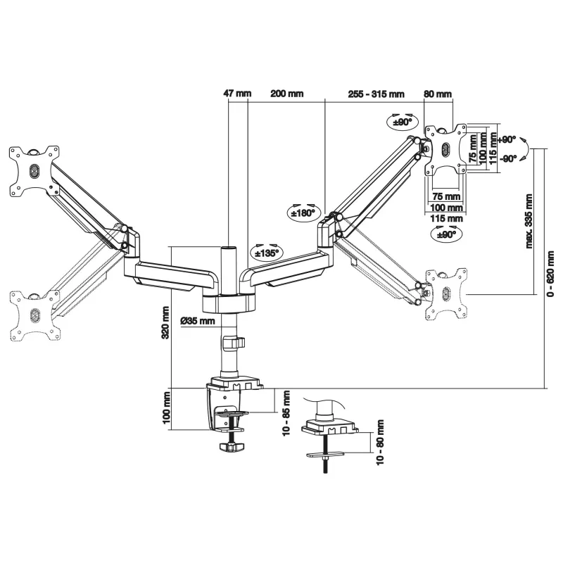 Suporte de mesa InLine com elevador para dois monitores até 82 cm (32 polegadas), 9 kg