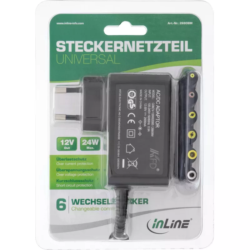 Fonte de alimentação universal InLine, 12 V / 24 W com 6 fichas intercambiáveis