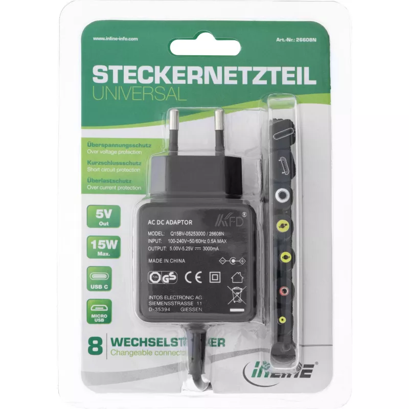 Fonte de alimentação universal InLine, 5 V / 15 W, com 8 fichas intercambiáveis, Micro-USB, USB-C