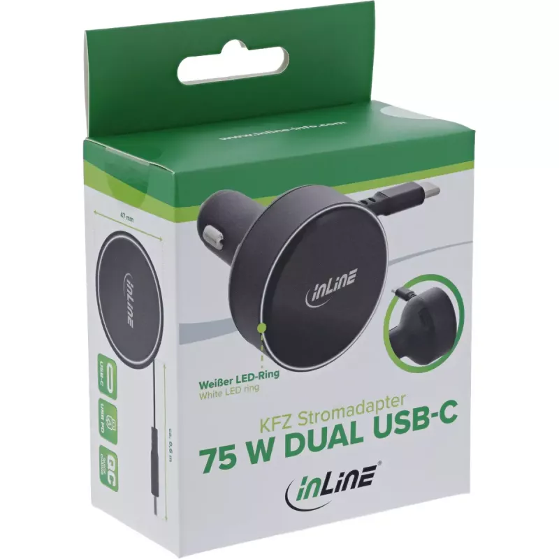 Carregador móvel universal InLine 31502R preto isqueiro carregamento rápido automóvel