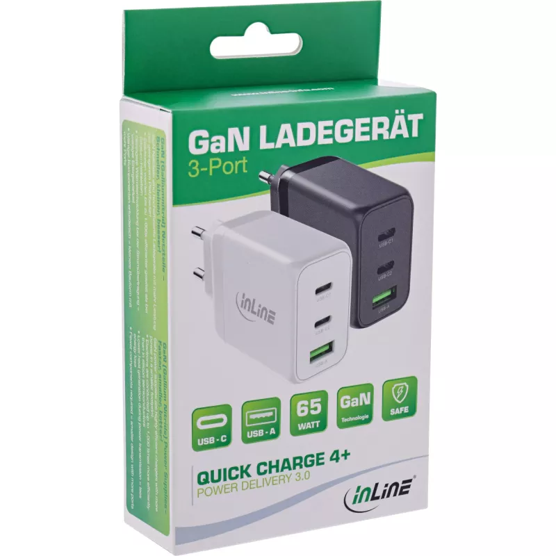Carregador móvel InLine 31506E — Carregador rápido AC universal para interiores, entrada 100–240 V, saída até 20 V/5 A, 1x USB-A, 2x USB-C, branco