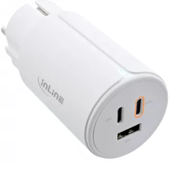 InLine fonte de alimentação USB PD, carregador GaN, 3 portas, USB-C duplo + USB-A, 65W, branco