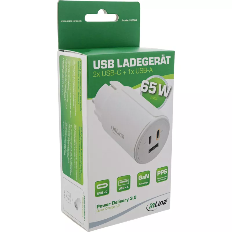 InLine fonte de alimentação USB PD, carregador GaN, 3 portas, USB-C duplo + USB-A, 65W, branco
