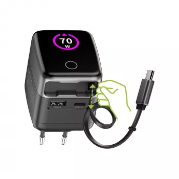 Fonte de alimentação USB InLine, 70 W, GaN, USB-C PD + USB-A QC, cabo 60 cm, preto