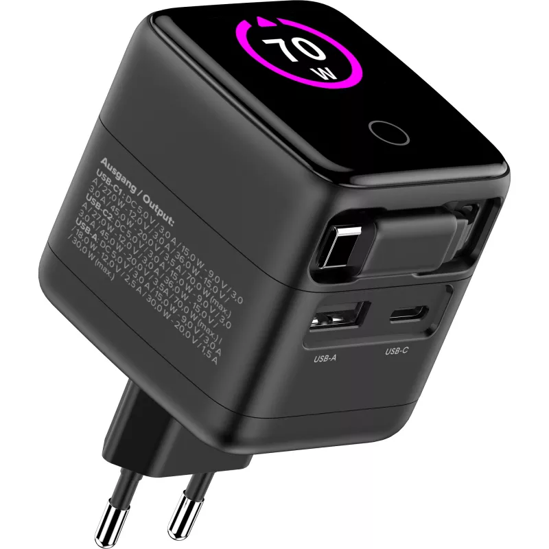 Fonte de alimentação USB InLine, 70 W, GaN, USB-C PD + USB-A QC, cabo 60 cm, preto