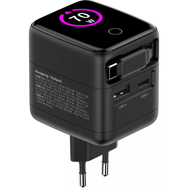 Fonte de alimentação USB InLine, 70 W, GaN, USB-C PD + USB-A QC, cabo 60 cm, preto