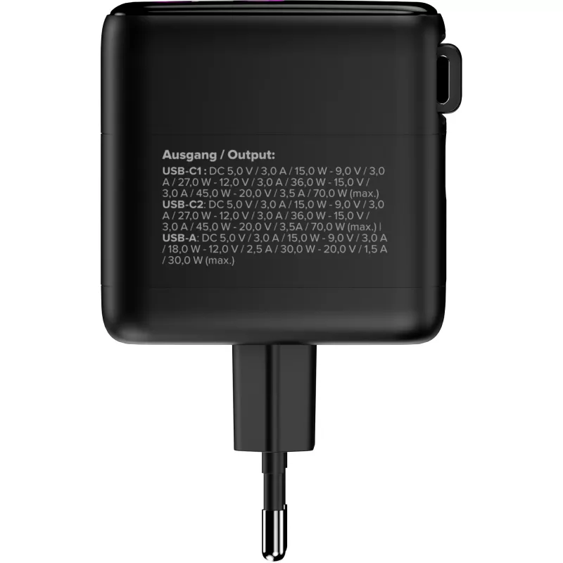 Fonte de alimentação USB InLine, 70 W, GaN, USB-C PD + USB-A QC, cabo 60 cm, preto