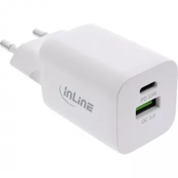 InLine fonte de alimentação USB, carregador USB-A + USB-C, 33W, PD + QC, branco