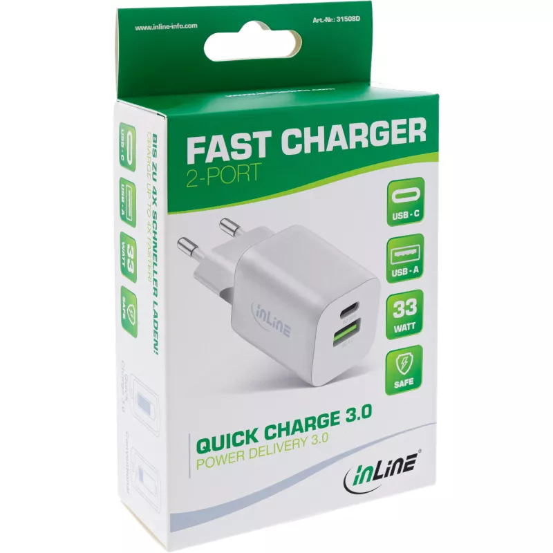 InLine fonte de alimentação USB, carregador USB-A + USB-C, 33W, PD + QC, branco