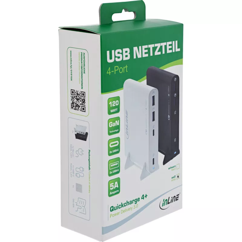 InLine Fonte de alimentação USB GaN, 4 portas, 2x USB-C + 2x USB-A, 120 W, preto (31515B)
