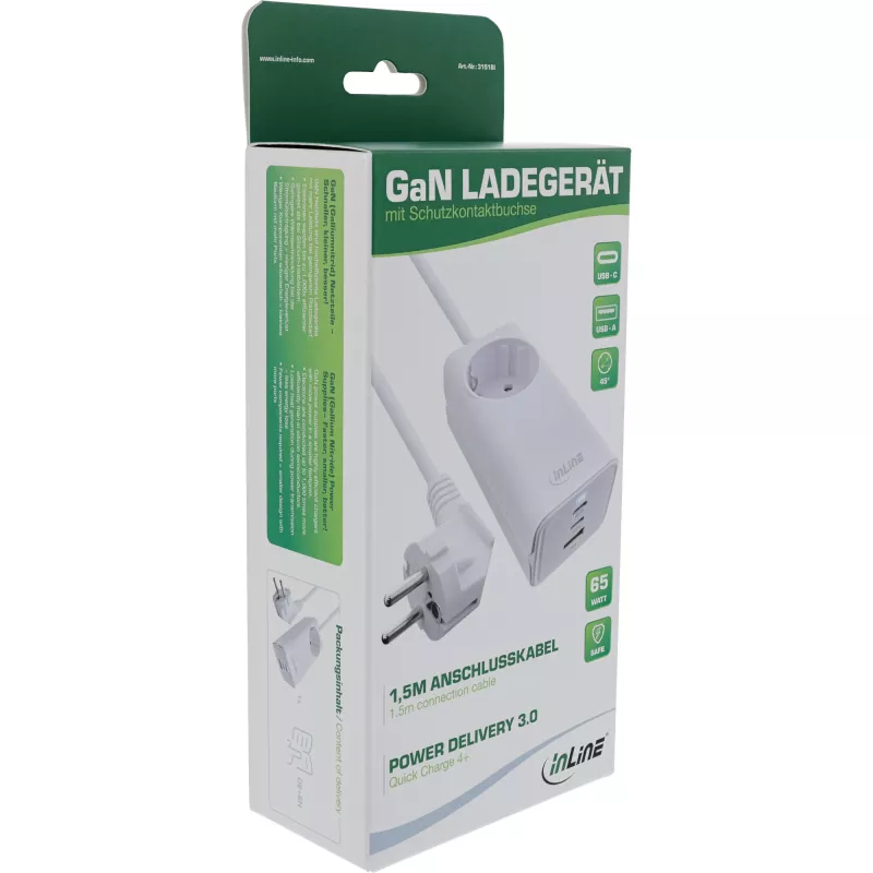 Fonte de alimentação USB InLine, carregador GaN, 2x USB-C, 1x USB-A, PD 3.0, tomada de segurança