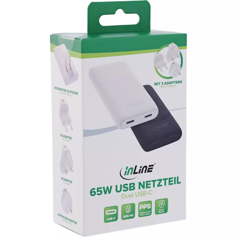 Fonte de alimentação USB carregador InLine 31519B Dual USB-C 65W adaptador de rede com duas portas USB-C