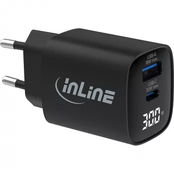 Fonte de alimentação USB PD InLine, carregador GaN, 2 portas, USB-C + USB-A, 30W, com ecrã