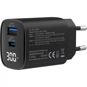 Fonte de alimentação USB PD InLine, carregador GaN, 2 portas, USB-C + USB-A, 30W, com ecrã