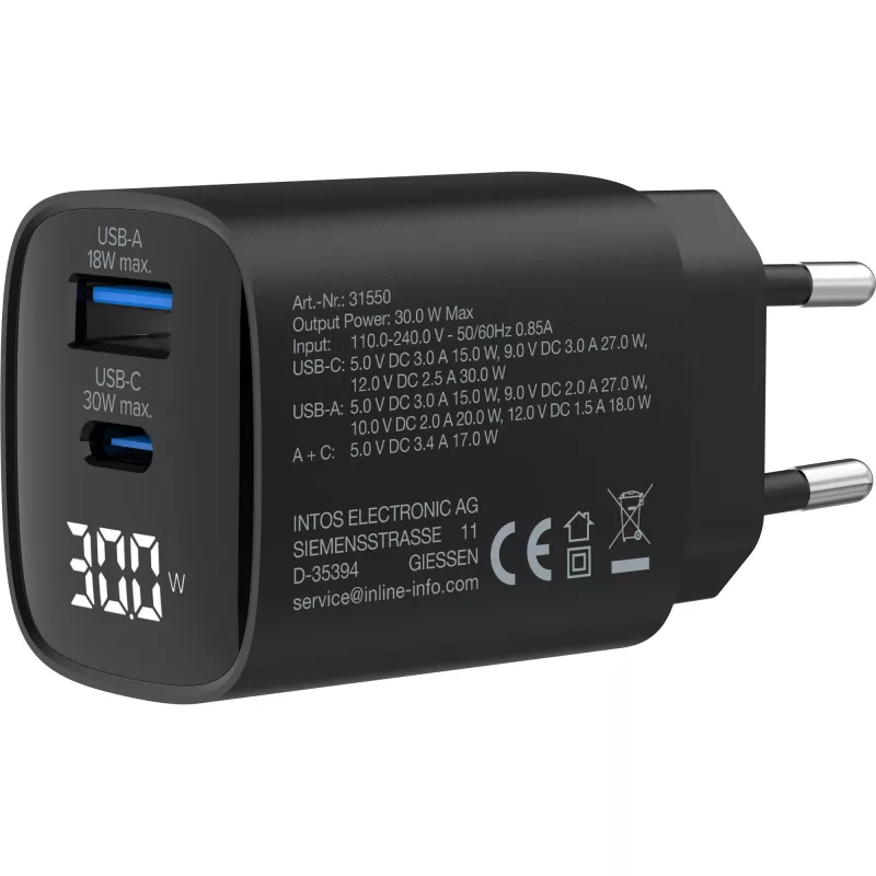 Fonte de alimentação USB PD InLine, carregador GaN, 2 portas, USB-C + USB-A, 30W, com ecrã