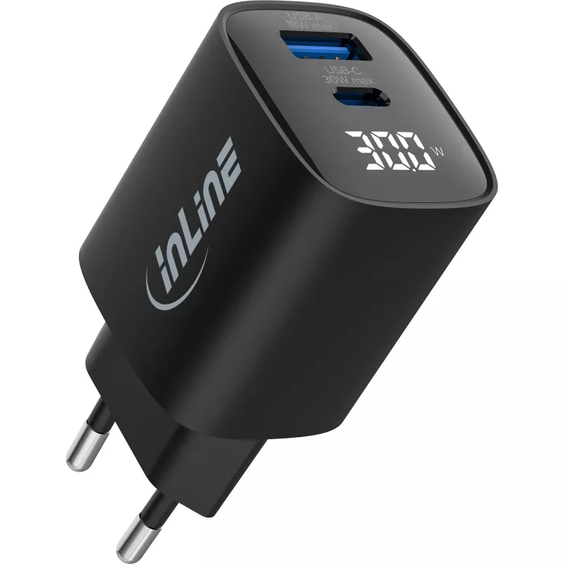 Fonte de alimentação USB PD InLine, carregador GaN, 2 portas, USB-C + USB-A, 30W, com ecrã