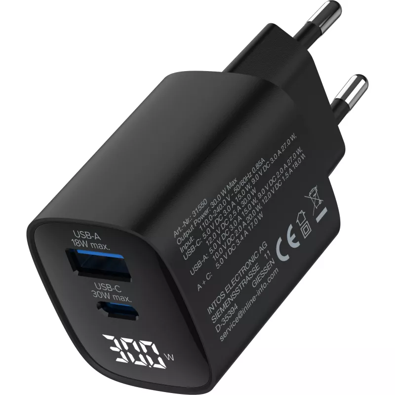 Fonte de alimentação USB PD InLine, carregador GaN, 2 portas, USB-C + USB-A, 30W, com ecrã