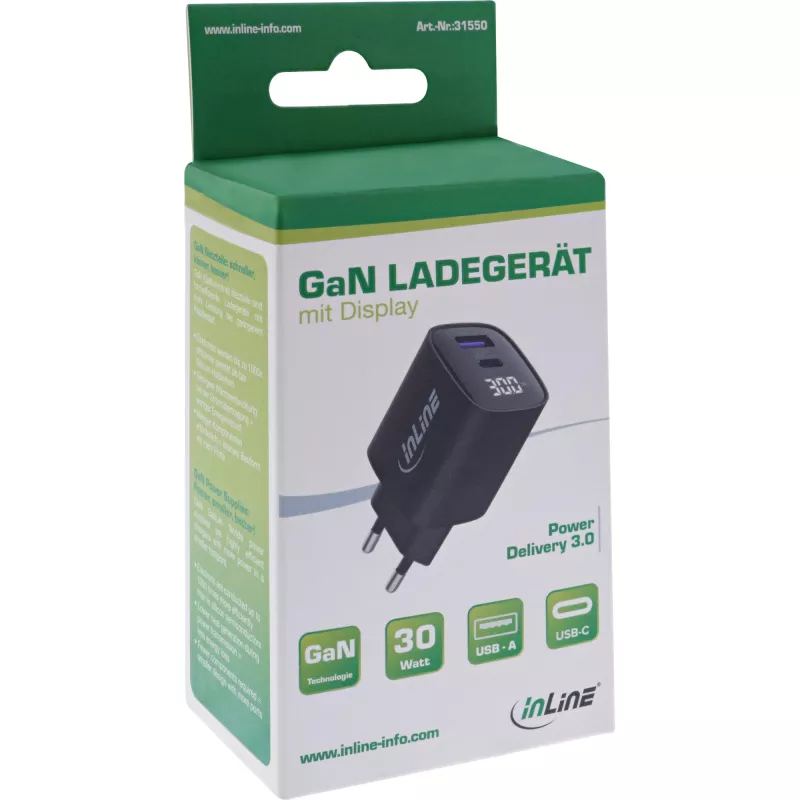 Fonte de alimentação USB PD InLine, carregador GaN, 2 portas, USB-C + USB-A, 30W, com ecrã