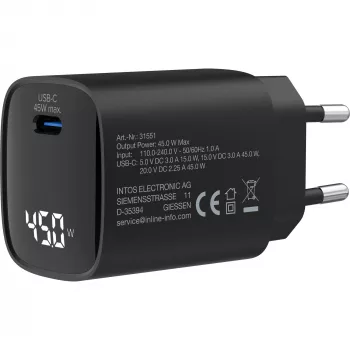 Fonte de alimentação USB PD InLine, carregador GaN, 1 porta, USB-C, 45W, com ecrã