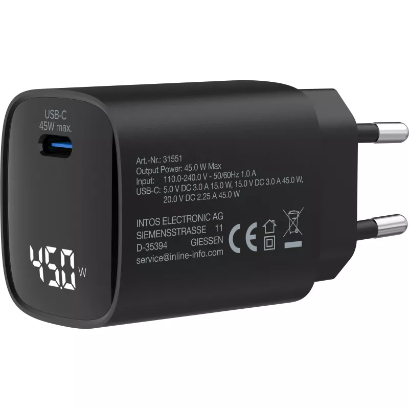 Fonte de alimentação USB PD InLine, carregador GaN, 1 porta, USB-C, 45W, com ecrã