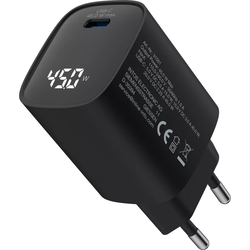 Fonte de alimentação USB PD InLine, carregador GaN, 1 porta, USB-C, 45W, com ecrã