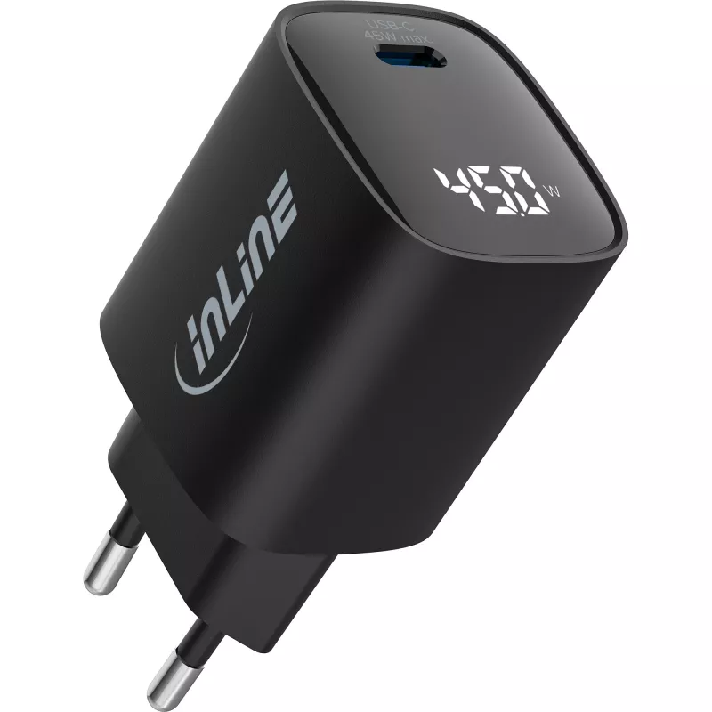 Fonte de alimentação USB PD InLine, carregador GaN, 1 porta, USB-C, 45W, com ecrã