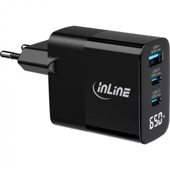 Fonte de alimentação USB PD InLine, carregador GaN, 3 portas, USB-C + USB-A, 65 W, com ecrã