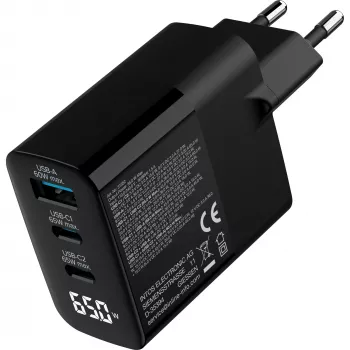 Fonte de alimentação USB PD InLine, carregador GaN, 3 portas, USB-C + USB-A, 65 W, com ecrã