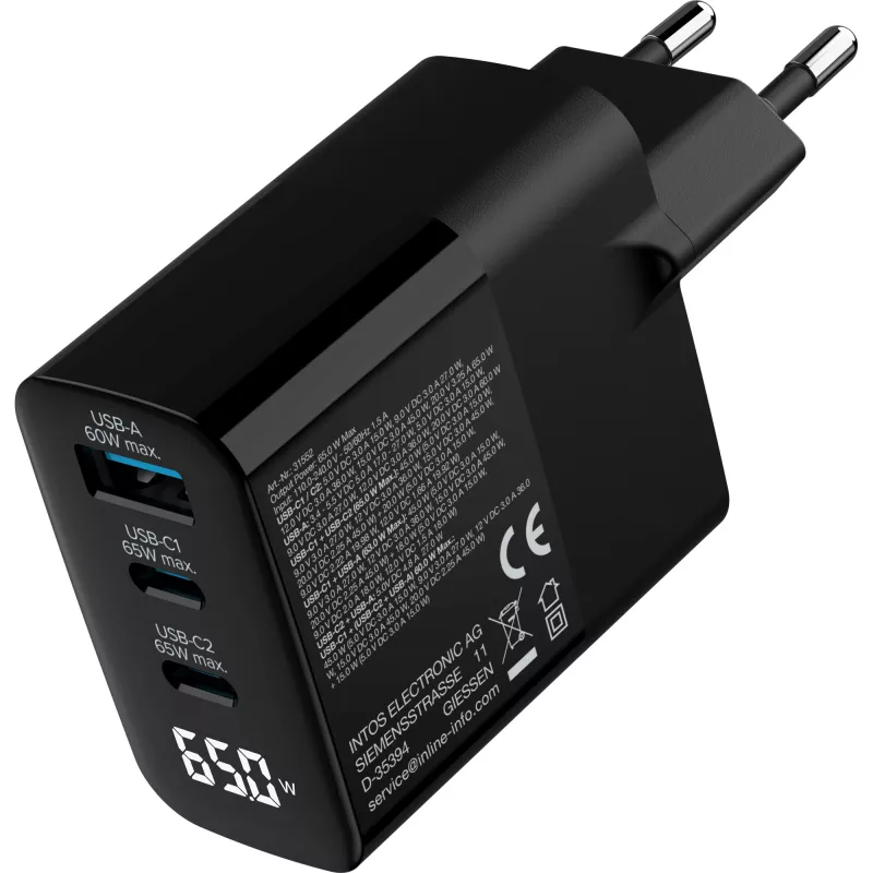 Fonte de alimentação USB PD InLine, carregador GaN, 3 portas, USB-C + USB-A, 65 W, com ecrã