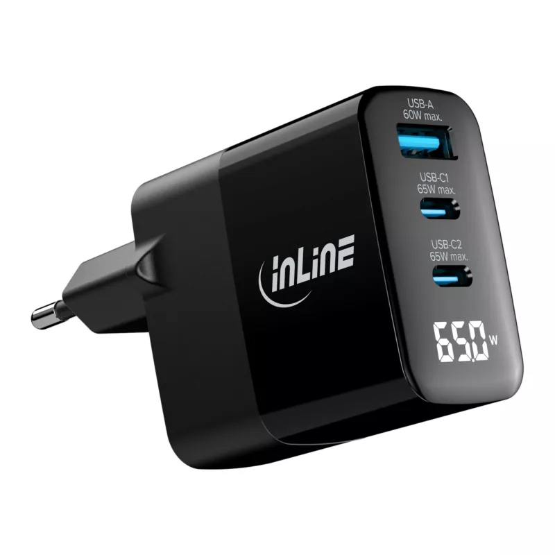 Fonte de alimentação USB PD InLine, carregador GaN, 3 portas, USB-C + USB-A, 65 W, com ecrã