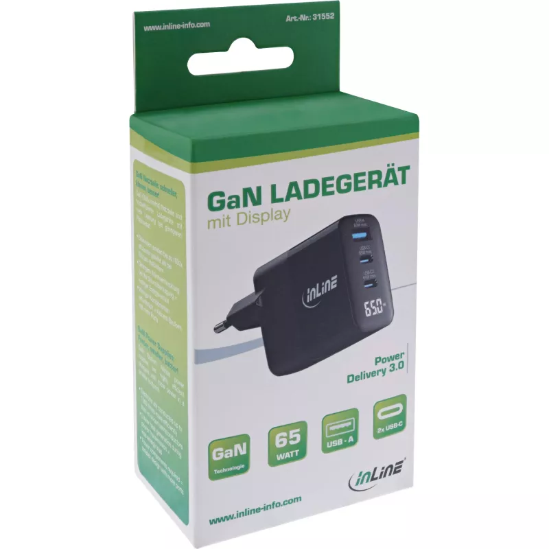 Fonte de alimentação USB PD InLine, carregador GaN, 3 portas, USB-C + USB-A, 65 W, com ecrã