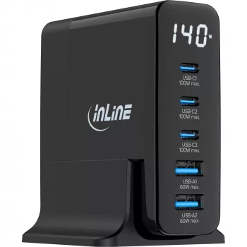 Fonte de alimentação USB PD InLine, carregador GaN, 5 portas, USB-C + USB-A, 140W, com ecrã