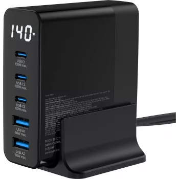 Fonte de alimentação USB PD InLine, carregador GaN, 5 portas, USB-C + USB-A, 140W, com ecrã