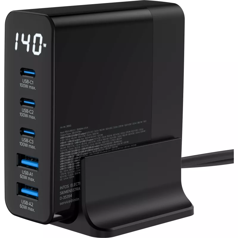 Fonte de alimentação USB PD InLine, carregador GaN, 5 portas, USB-C + USB-A, 140W, com ecrã