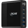 Fonte de alimentação USB PD InLine, carregador GaN, 5 portas, USB-C + USB-A, 140W, com ecrã