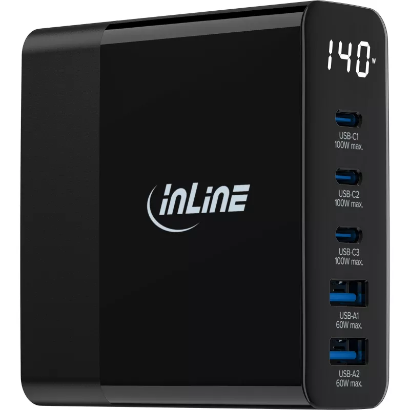 Fonte de alimentação USB PD InLine, carregador GaN, 5 portas, USB-C + USB-A, 140W, com ecrã