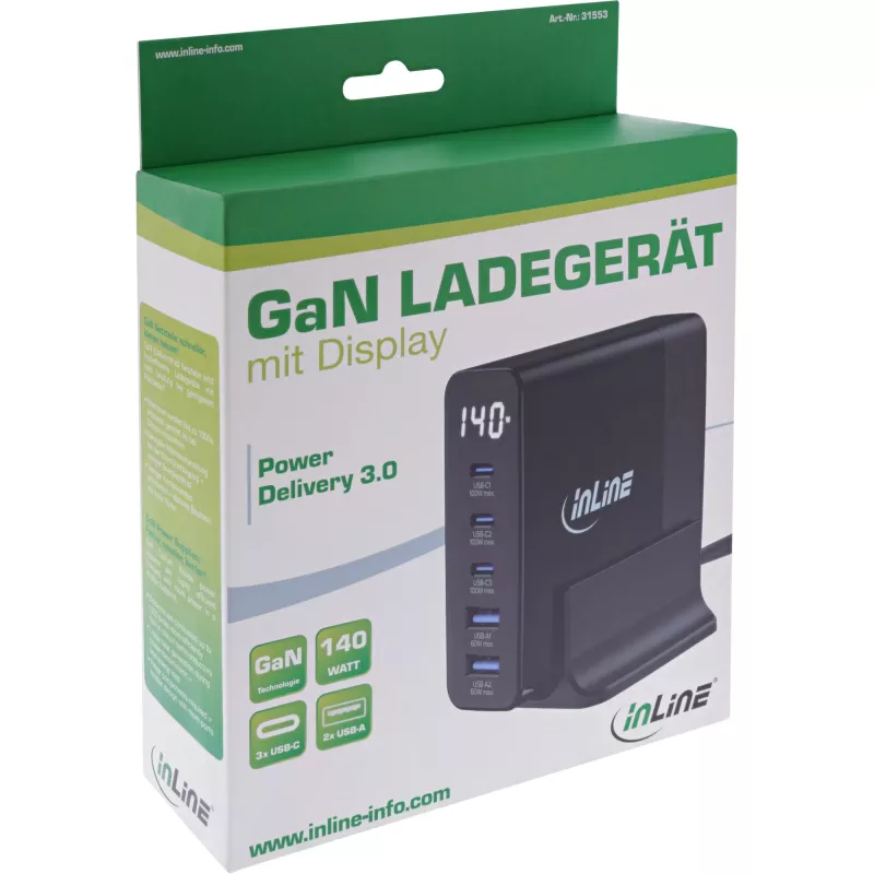 Fonte de alimentação USB PD InLine, carregador GaN, 5 portas, USB-C + USB-A, 140W, com ecrã